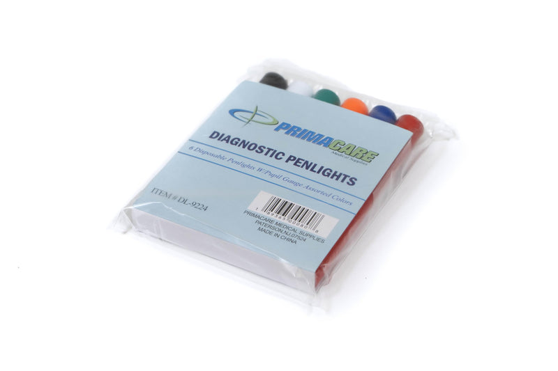 [Australia - AusPower] - Primacare DL-9224 Pack of 6 Disposable Diagnostic Penlight with Imprinted Pupil Gauge, Lightweight and Moulded Plastic Body Medical Pen Light for Nurse, Student, Doctors EMT, Multicolor 