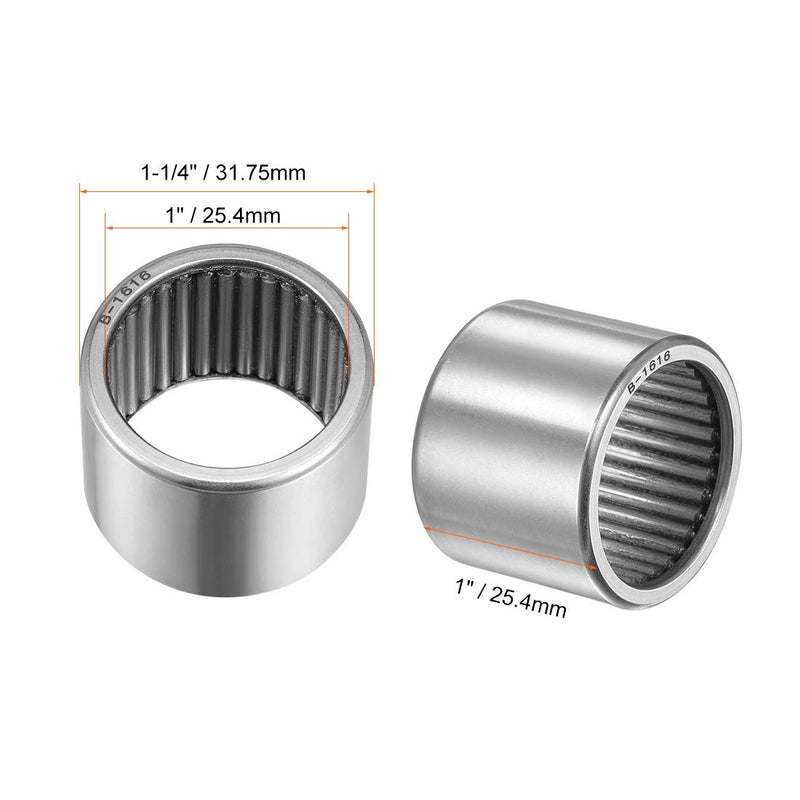 [Australia - AusPower] - uxcell B1616 Needle Roller Bearings, Full Complement Drawn Cup, Open, 1-inch I.D. 1-1/4-inch OD 1-inch Width 15600N Static Load 8090N Dynamic Load 5200Rpm Limiting Speed 2pcs 1x1-1/4x1" 