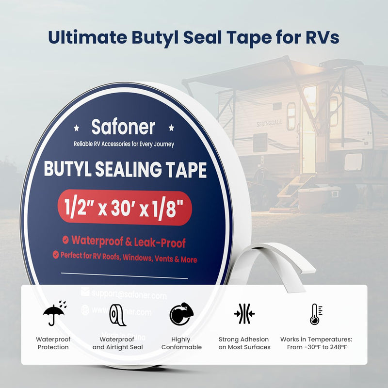 Safoner White Double Sided Butyl Seal Tape– 1/2" Widthx 30' Lengthx 1/8" Thickness– Leak-Proof and Waterproof Sealant for RV Roof Repair, Windows, Vents, and Pipes