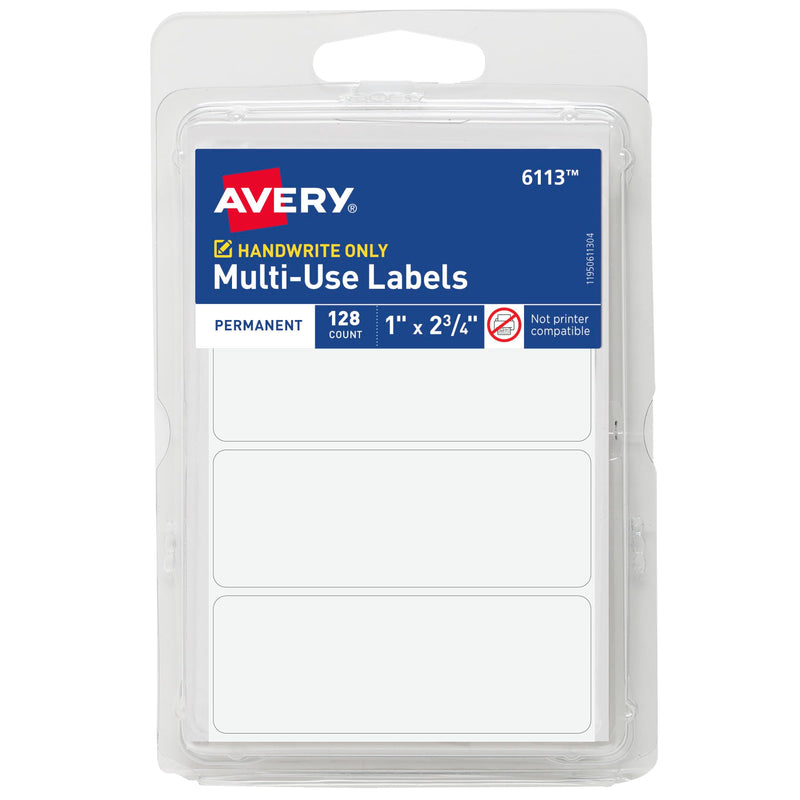Avery Multi-Use Permanent Labels, 1" x 2.75", White, Non-Printable, 128 Blank Labels Total (6113) 128 labels
