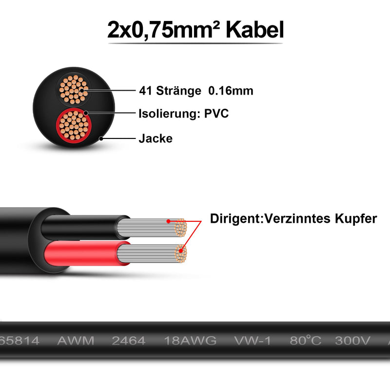 iGreely 2 x 0.75 mm² Car Cable 10 m Round 12 V 2 Core Cable Flexible Tinned Copper Cable for Trucks/Trailers 2 x 0.75 mm2-10 m