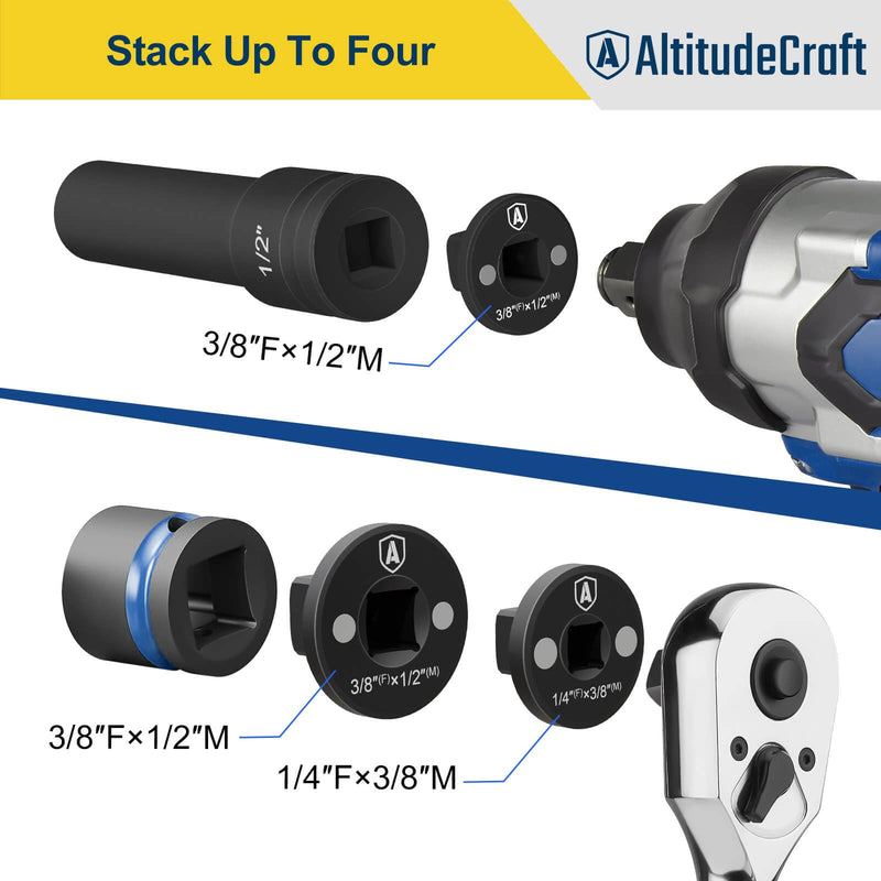 Low Profile Impact Socket Adapter Set, Drive Ratchet Adapter Set, Designed for Tight Spaces, 3/8" to 1/2", 1/4" to 3/8", 3/4" to 1", 1/2" to 3/4", 4PC