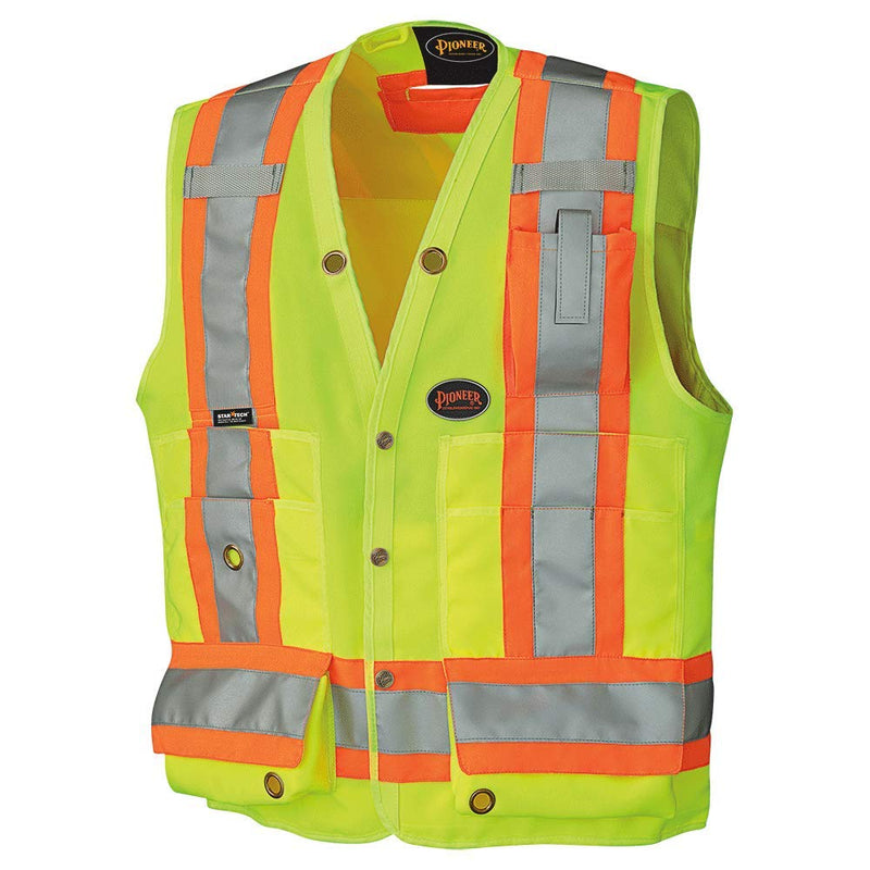 Pioneer Hi Vis Surveyor's Safety Vest - Engineer Style - Breathable Mesh & Reflective Tape - 7 Pockets - Hi Vis Yellow/Green Medium