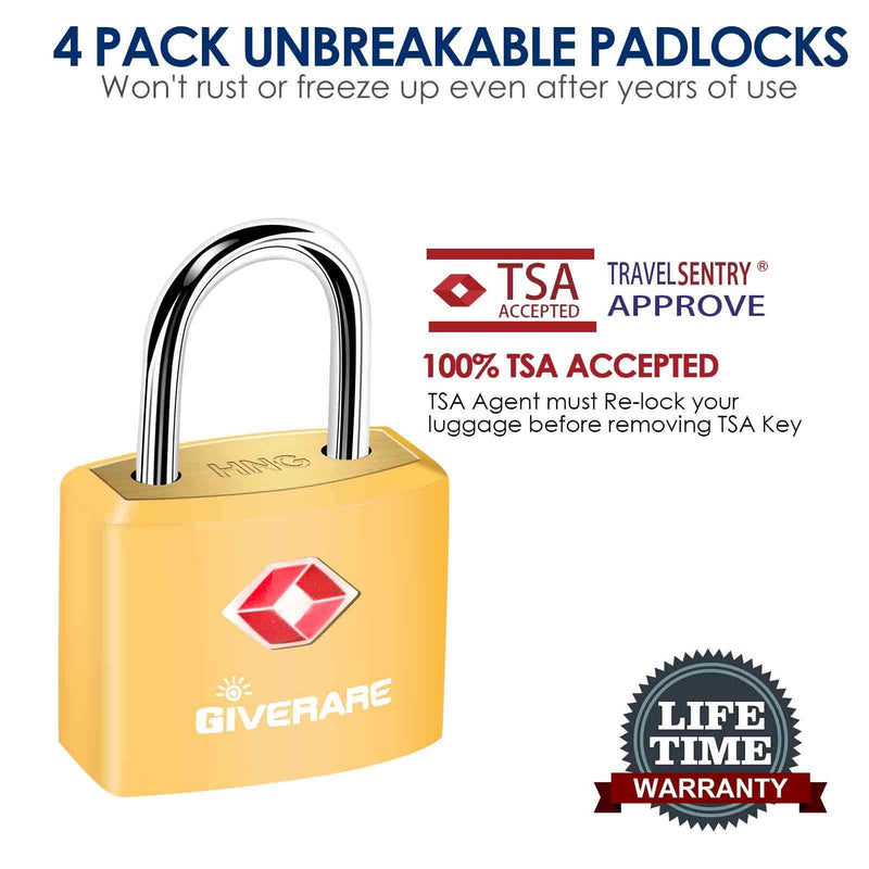 [Australia - AusPower] - 4 PACK TSA Approved Travel Luggage Locks with Keys, Solid Brass Copper Keyed Padlock, ABS Plastic Covered Small Locks for Suitcase, Backpack, Gym Locker, Jewelry Box-by GIVERARE 