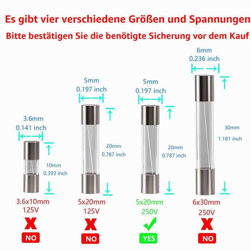T2AL250V Pack of 20 5 x 20 mm Slow Melt Glass Fuses 2A 250V 0.2 x 0.78 Inch Time Delay Fuses T2A
