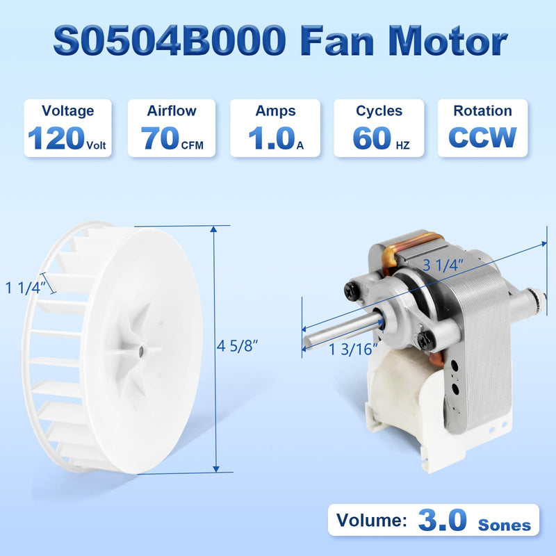 S0504B000 Bathroom Fan Motor Replacement Compatible with Broan Nutone769RL, 769RL B Unit, 769RL-R01, 763RLN, 763RL, 763RLN-R01, 769RFT-R01, VF707RCN, VF705RCN Exhaust Fan Motor 70 CFM Motor & Blower Wheel