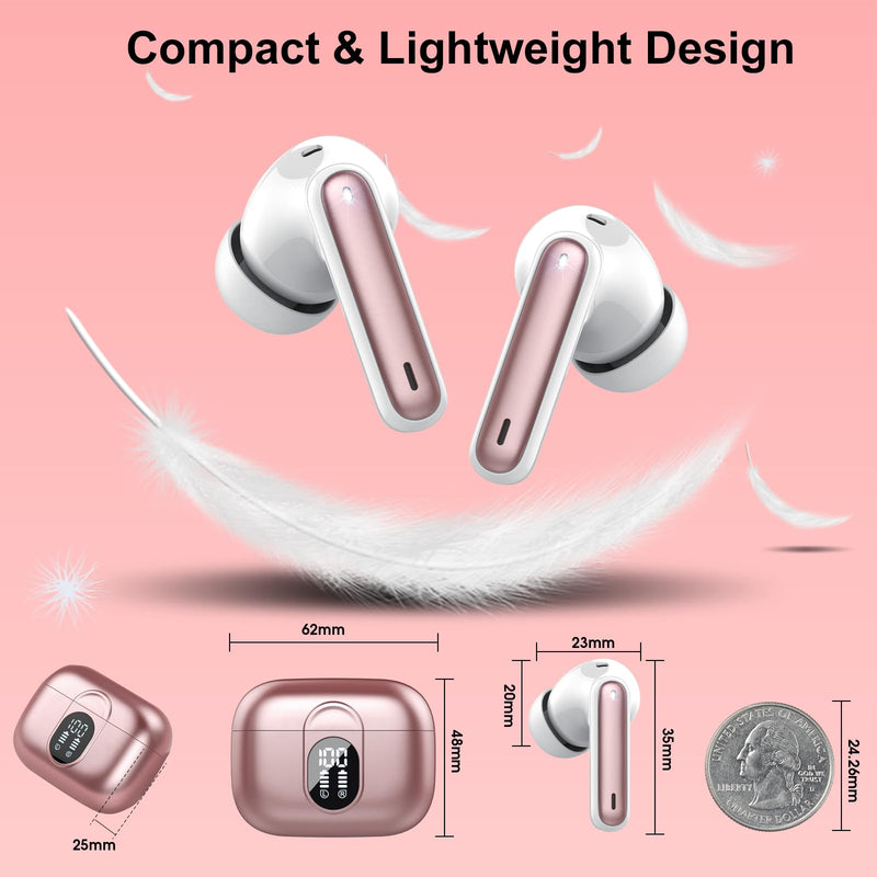 [Australia - AusPower] - Wireless Earbuds, 2024 Bluetooth Headphones 5.3 HiFi Stereo Earphones, 40H Playtime in-Ear Earbud, Bluetooth Earbud with Dual Mic Call, IP7 Waterproof Earphones Sport Headset for iOS Rose 