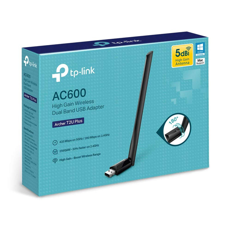 [Australia - AusPower] - TP-Link Archer T2U Plus AC600 High Gain Dualband USB WLAN Adapter with 5dBi Antenna (up to 433 Mbit/s to 5GHz and 200 Mbit/s to 2.4GHz, Compatible with Windows 10/8.1/8/7 / XP and Mac OS X) 
