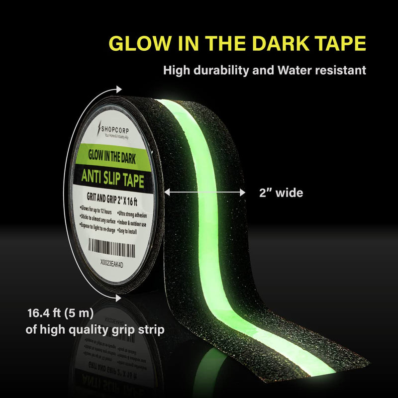 Electrodepot Anti Slip Glow in The Dark Traction Tape 2Inch x 16ft – Heavy Duty Adhesive Grip Non Skid Tape for Stairs Waterproof Safety - Outdoor/Indoor - Neon Strips Walk Black - 1 Pack