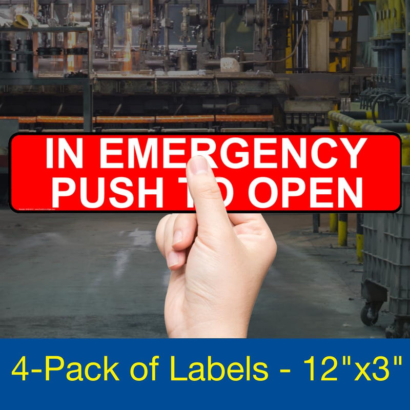 ComplianceSigns.com in Emergency Push to Open Label Decal, 12x3 inch 4-Pack Vinyl for Enter/Exit
