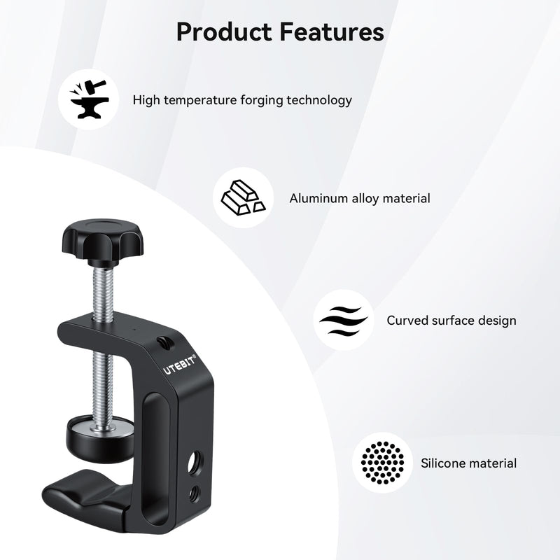 UTEBIT Universal C-Table Clamp with 1/4" and 3/8" Thread, Aluminum Support Clamp Desktop Mount Holder for Range 0.36"-2", Versatile Desk Clamp for LCD Monitor Flash Carts Benches Worktables 0.36-2.0 inch 2