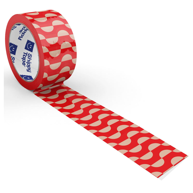 Printed Decorative Packing Tape for Small Business, Cute Designer Printed Packaging Tape, Shipping and Mailing, Red and Cream Geometric Wave Pattern, 1.88" x 110 Yards (330 feet) Geometric Wave Pattern - Cream/Red