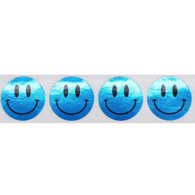 Metallic Blue Happy Face Stickers – 1 Inch Round Smile Labels, 500 Total Adhesive Stickers Per Roll on Metallic Plastic for Rewards, Motivation, Crafts, and Parties – Made in the USA Metallic Blue