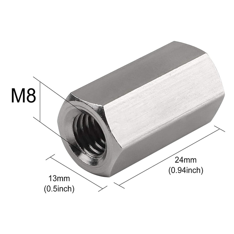 [Australia - AusPower] - M8 X 1.25-Pitch 24mm Length Metric Hex Coupling Nut 304 Stainless Steel Rod Coupling Nuts, 6-Pack 