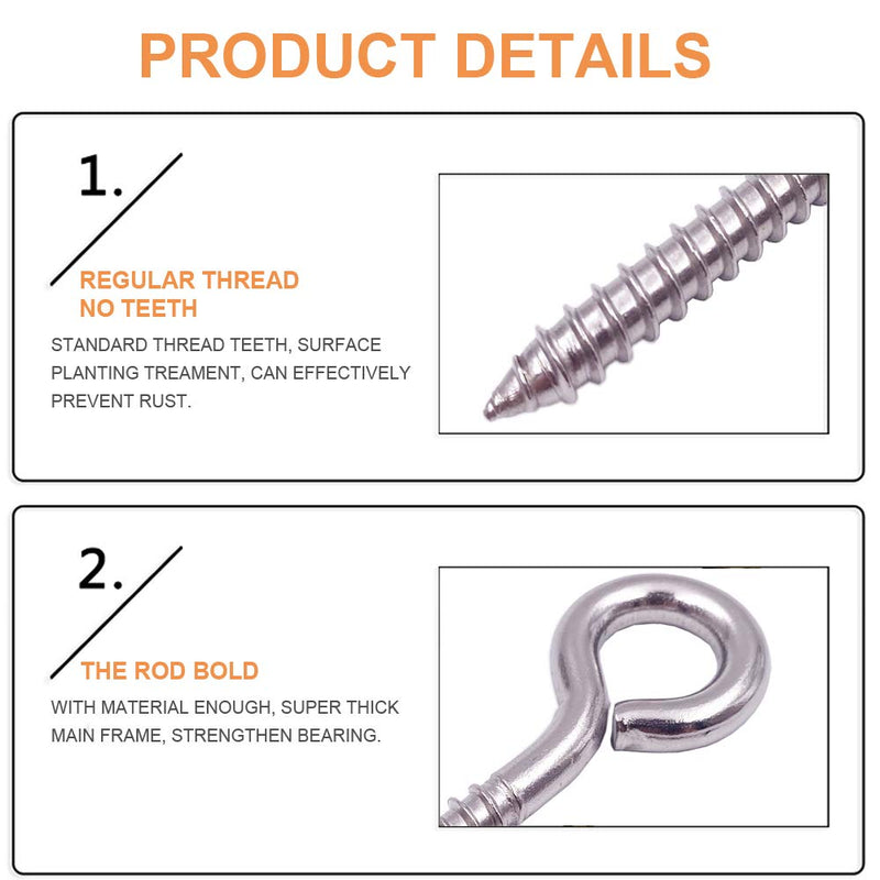 [Australia - AusPower] - 6-Pack 304 Stainless Steel Screw Eyes 3.2", Heavy Duty Screw in Eye Hooks Ring for Yoga, Swing Chair, Indoor & Outdoor, Self Tapping 6 Pack 