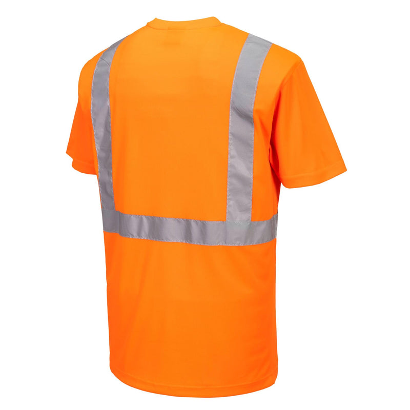 Portwest S198 Hi Vis Pocketless Short Sleeve T Shirt Moisture Wicking Safety Workwear with Reflective Tape, Orange, L Large