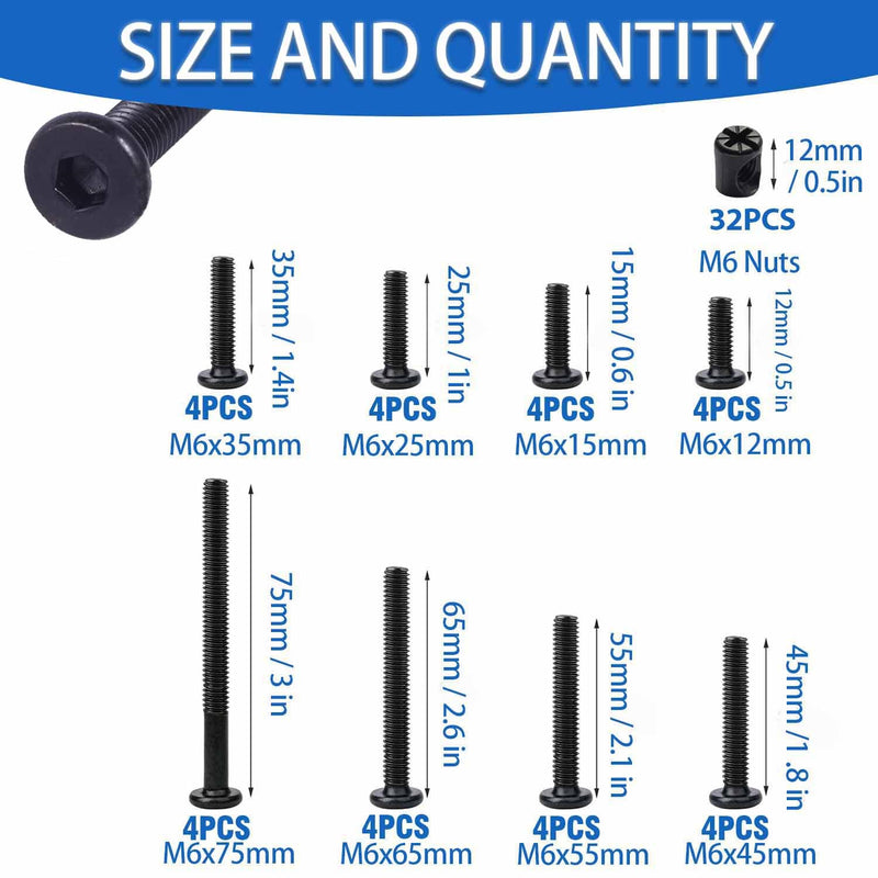 [Australia - AusPower] - Crib Screws Hardware Replacement Kit,Socell 32Set Baby Bed Frame Bolts &Barrel Nuts Set for Delta/Graco/Dream, M6x12mm/15mm/25mm/35mm/45mm/55mm/65mm/75mm Hex Drive Socket Cap Screws Barrel Nuts Black?M6x12mm---75mm) 