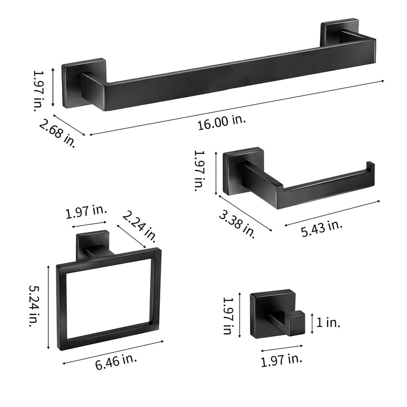 5 Pieces Bathroom Hardware Accessories Set 16 Inch Wall Mounted Towel Bar Set Matte Black Towel Rack Rings Stainless Steel Toilet Paper Holder Bath Coat Hooks 5 Pcs - 16 Inch
