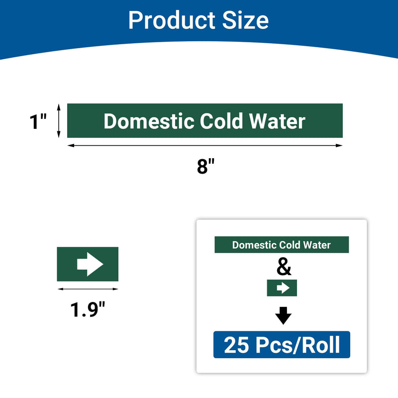 Marine Pipe Markers - Domestic Cold Water Safety Labels for Boat, Waterproof Self-Adhesive Pipe Identification Stickers, 1" H x 8" W, 25 Pcs/Roll (Domestic Cold Water)