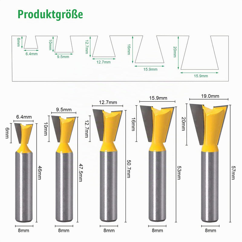 5 Piece Dovetail Face Cutter 8 mm Shank, Dovetail Cutter Set, 1/4 Inch 1/2 Inch 3/8 Inch 5/8 Inch 3/4 Inch Cutter for Router, 8 mm Shank, Milling Head for Router, Face Milling Cutter for Wood (5)