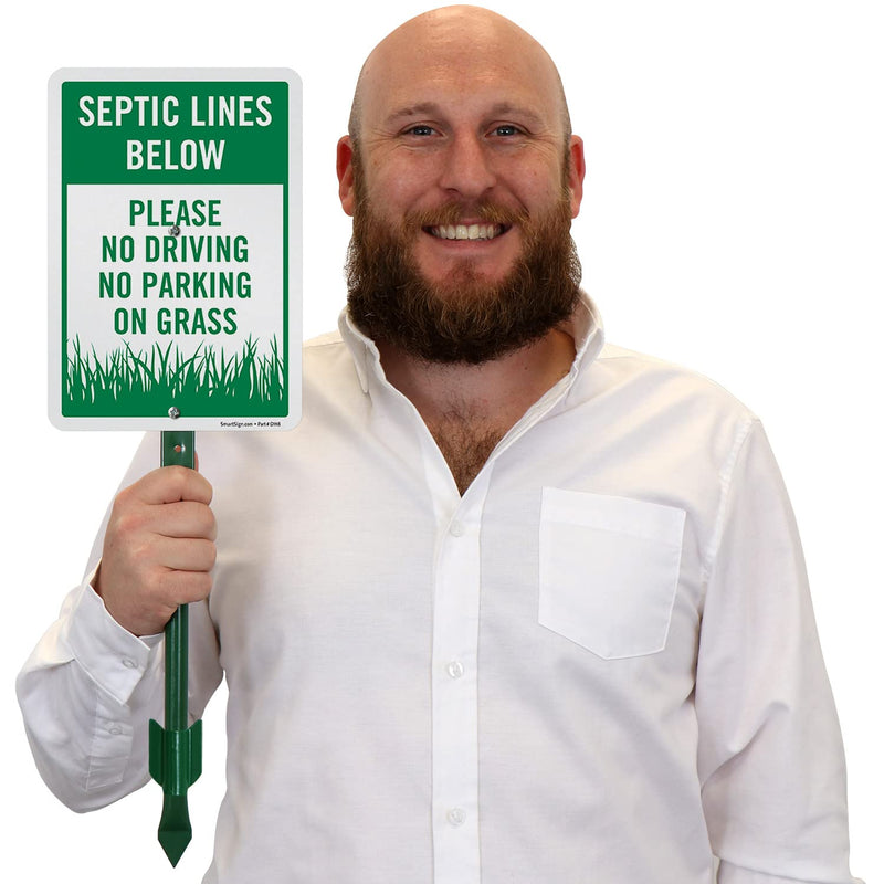 SmartSign 10 x 7 inch “Septic Lines Below - Please No Driving No Parking On Grass” LawnPuppy Yard Sign and 18 inch Stake Kit, 40 mil Laminated Rustproof Aluminum, Green and White, Set of 1