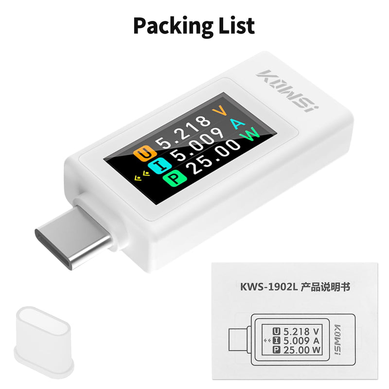 [Australia - AusPower] - USB C Tester Voltage and Current Tester Meter Voltmeter Power Bank Capacity USB Cable Charger Detector with Manual （KWS-1902L White 
