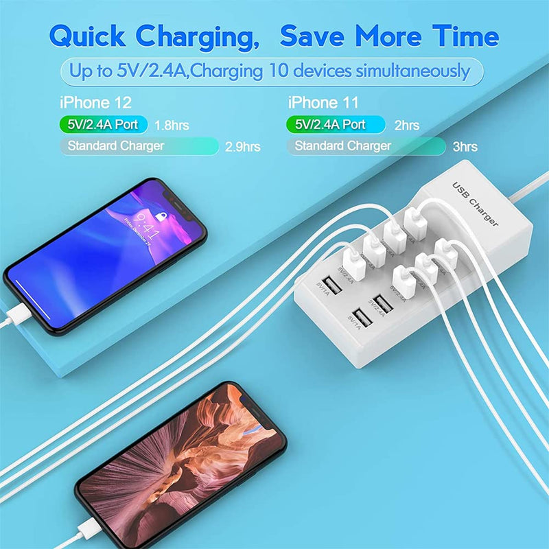 [Australia - AusPower] - 10-Port USB Wall Charger Station with Rapid Charging Auto Detect Technology Safety Guaranteed Family-Sized USB Ports for Multiple Devices Smart Phone Tablet Laptop Computer White 