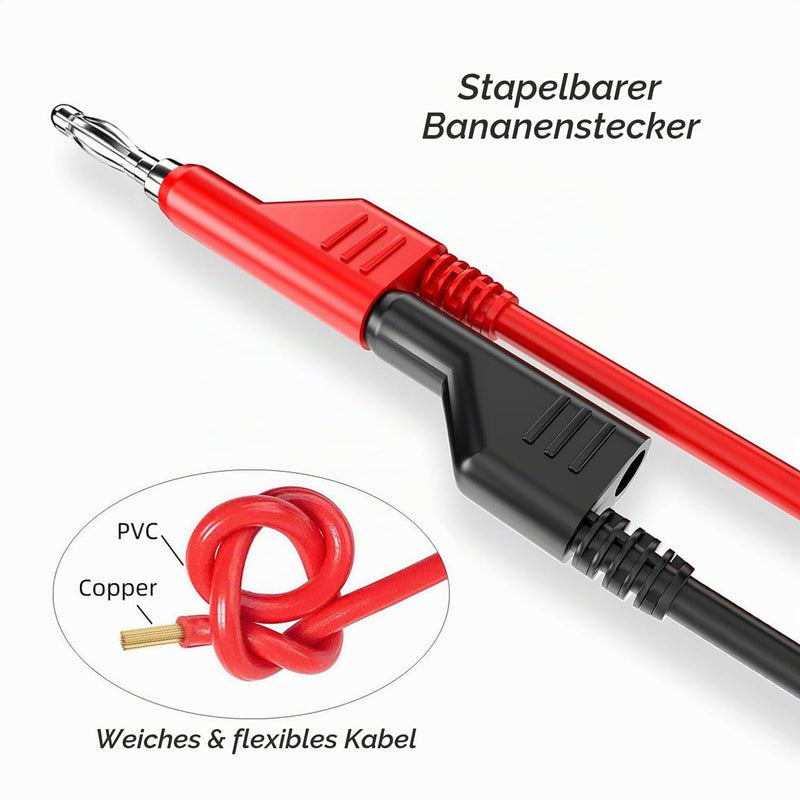 Stackable Banana to Banana Plug Test Cable 1m Pack of 5 | 4 mm banana plug, soft electrical test cable, for multimeter, 1000 V 15 A Five colours 5 Stück 1m