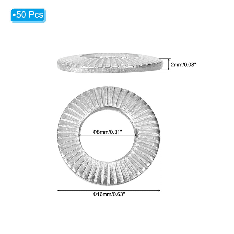 [Australia - AusPower] - PATIKIL 304 Stainless Steel Flat Washers, 50 Pack M8x16mm Belleville Spring Disc Washer Conical Knurled Metric Gasket for Automotive Industrial Construction 