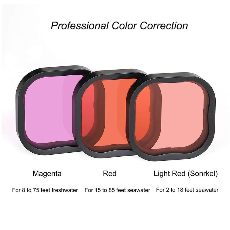 [Australia - AusPower] - SOONSUN 3-Pack Dive Filter for GoPro Hero 8 9 10 11 12 Black Official Waterproof Housing Case - Red, Light Red, Magenta Filters -Enhances Colors for Various Underwater Video and Photography Conditions 