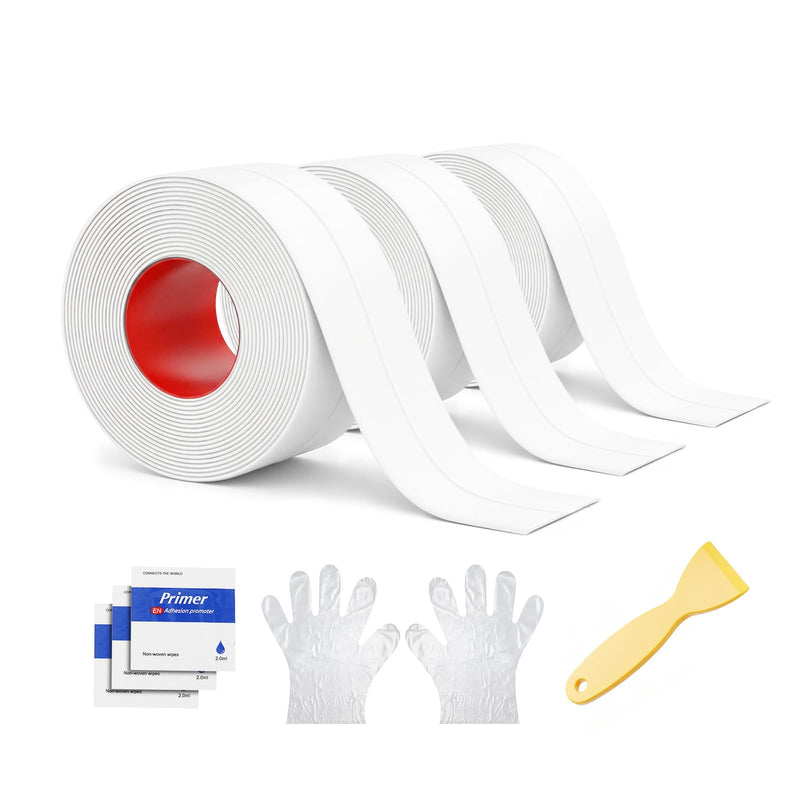 Caulk Tape Waterproof Self Adhesive, Peel and Stick Caulking Strip for Bathtub Toilet and Kitchen Sink, Flexible PVC Bathroom Seal Tape for Shower Edge and Gap Repair (3 Rolls) White-1.5in x 10.5ft