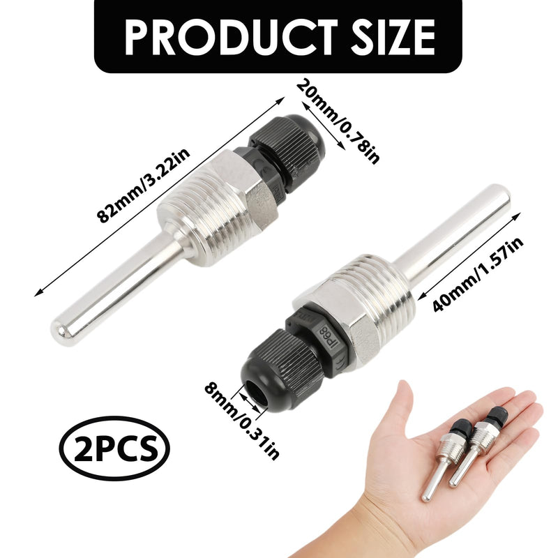 [Australia - AusPower] - Pack of 2 Immersion Sleeve 1/2 Inch, 50 mm Stainless Steel Diving Sleeve G 1/2 Inch Thread, Immersion Protection Tube for Temperature Sensor, 8 x 50 mm Immersion Sleeves for Thermocouples, Protective 