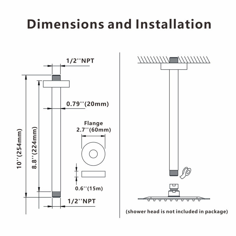 10 Inches Ceiling Mount Shower Arm and Flange, Champagne Bronze