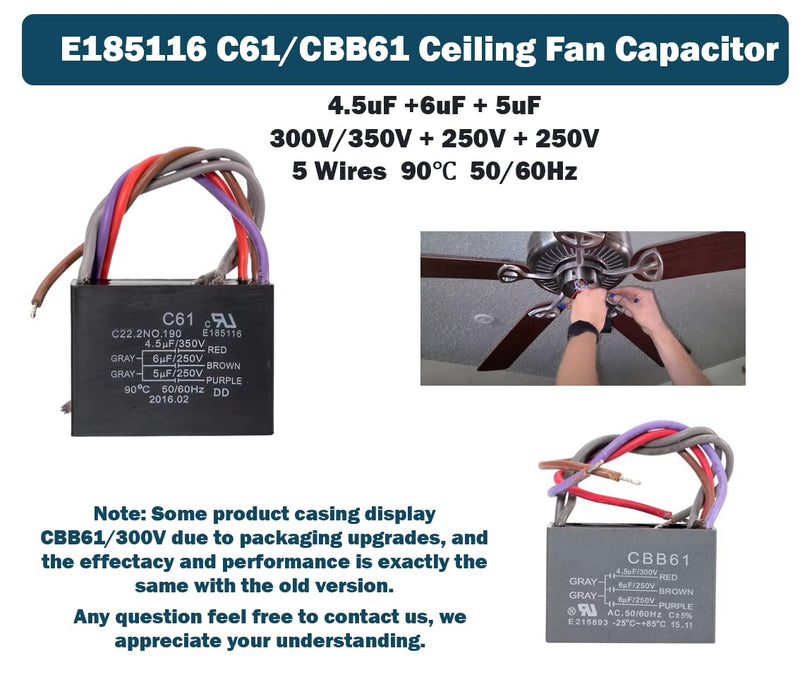 2Pcs Ceiling Fan Capacitor C61/CBB61 E185116 4.5uF+6uF+5uF 300/350V+250V+250V AC 50/60Hz 5 Wires Repaiment Parts Home Tools Replacement