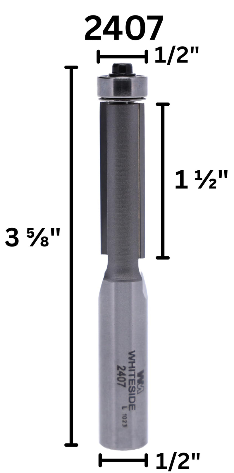 Whiteside 2407 Two Flute Flush Trim Router Bit: 1/2 Inch Cutting Diameter, 1-1/2 Inch Cutting Length, 1/2 Inch Shank, 3-5/8 Inch Overall Length, B3 Bearing