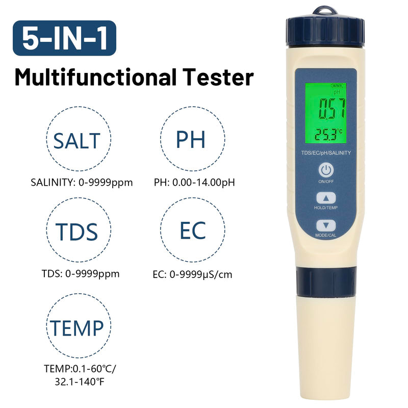 [Australia - AusPower] - diymore Aquarium PH Meter for Water Pool Salt Tester,Digital Salinity Meter Tester and PH Tester for Pool Saltwater Water,5 in 1PH,EC,TDS,PPM,Temperature,Easy to Read,for Drinking Water,Wine,Food 