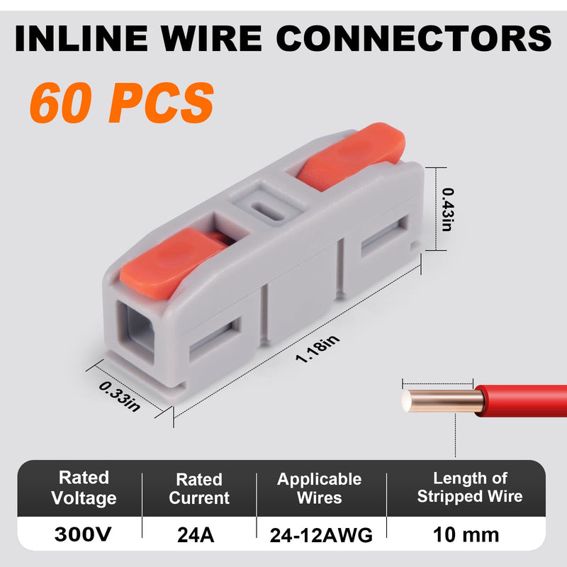 [Australia - AusPower] - 60PCS Lever Wire Connectors, Mini Quick Connectors Push-in, 1 in 1 Out Electrical Wire Butt Splice Inline Terminals, 24-12 AWG 60PCS 