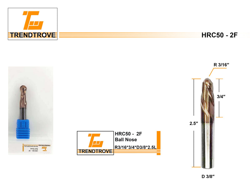 [Australia - AusPower] - Ball Nose Carbide End Mill, 2 Flute, HRC50, TiSiN Coated, CNC Router Bits for Hardened Steel, Stainless Steel, Alloy Steel, Aluminum, Metal - (1/8" 1/4" 3/8" 1/2") Diameter (3/8" Diameter) 3/8" Diameter 