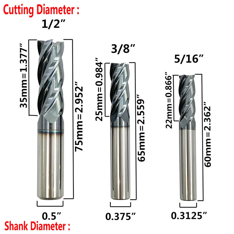 [Australia - AusPower] - 6pcs 1/2 inch 3/8 inch 5/16 inch 1/4 inch 3/16 inch 1/8 inch Carbide Square End Mill, HRC 45 Deg Single End 4 Flute AlTiN Coating Mill Bits (6pcs End Mill Set), Silver 