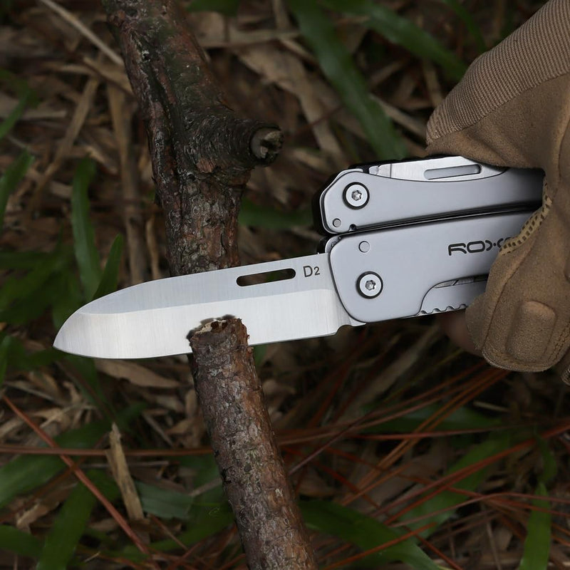 ROXON S803E Elite Flash Multitool with 20 functions including strong pliers, Flint Rod, full-size lockable blades for Outdoor Essential Survival Tool (D2 Blade) D2 Blade