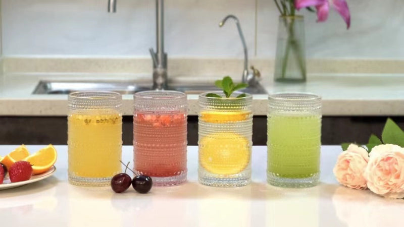 Hobnail Drinking Glasses Set of 4, Art Deco Vintage Glassware, 12 oz Tall Crystal Tumblers, Clear Embossed Glass Cups, Romantic Iced Beverage Glass, for Beer, Cocktail, Soda, Cappuccino