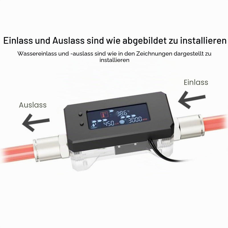 LICAEVEY Aluminum Alloy and Acrylic Digital Flow Meter Alarm with Temperature Monitoring, High and Low Speed Warnings for PC Water Cooling Systems (12 to 24 V)