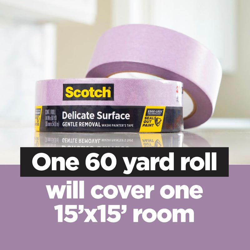 Scotch Delicate Surfaces Painters Tape, Damage-Free Painting Prep, Protect Delicate Surfaces, UV & Sunlight Resistant, Solvent-Free Adhesive, Indoor Masking Tape, 0.94 in x 60 yd, (Pack of 3)