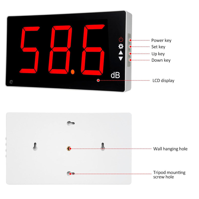 Decibel Meter, 30-130 DB Sound Level Meter with 3 Inch Large LCD Screen, Wall Mounted Noise Meter for Classroom, Decibel Display, Acoustic Alarm