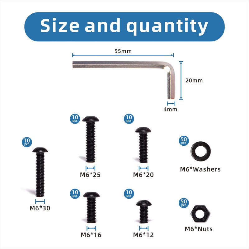 [Australia - AusPower] - 150PCS M6 x 12/16/20/25/30mm Button Head Hex Socket Cap Screws Bolts Nuts Washer Assortment Kit, 10.9 Grade Alloy Steel Black Oxide, Metric Bolts and Nuts Assortment,Fully Threaded M6 Alloy Steel Black Button Head Kit 150 