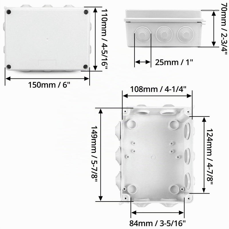 QWORK Surface-Mounted Junction Box, Junction Box, Waterproof, Dustproof, IP65, ABS Plastic, Universal Electric Project Enclosure, White, 150 x 110 x 70 mm