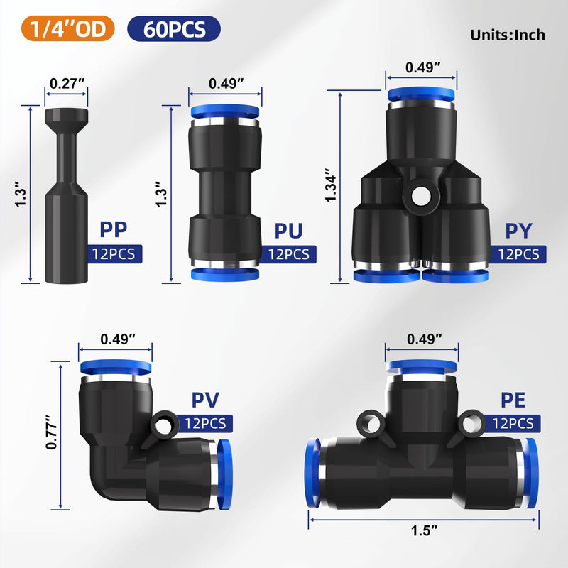 [Australia - AusPower] - 60pcs 1/4" OD Push to Connect Air Hose Fittings Kit, Quick Connects Pneumatic For Air Line Inch Tubing (Tee, Straights, Elbows, Splitters and Plug) 1/4"OD Blue Box 60 
