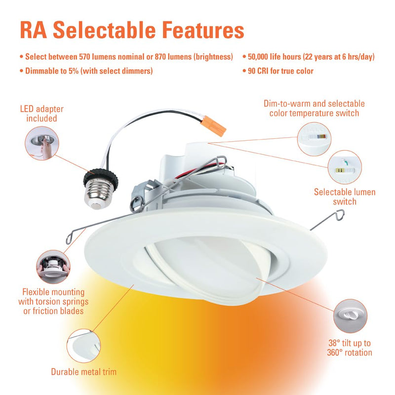 [Australia - AusPower] - HALO RA 5/6 inch Integrated LED Recessed Adjustable Gimbal Light Trim, 600 Lumens/1000 Lumens, 5 Selectable CCT(2700K, 3000K, 3500K, 4000K, 5000K) with Dim to Warm, 120-Volt, White 5 CCT with Dim to Warm 