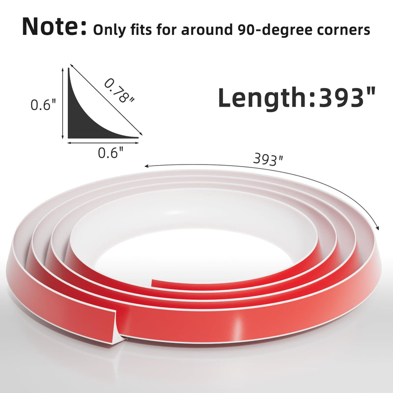 Conwang 393" Flexible L-Shaped Quarter Round,Bendable Trim Molding,Double-Sided Self Adhesive Peel and Stick Silicone Trim for Floor Edge,Wall Corner,Stairs,Cabinet and Tub Edge,0.6"(W)×0.6"(H),White 393" White