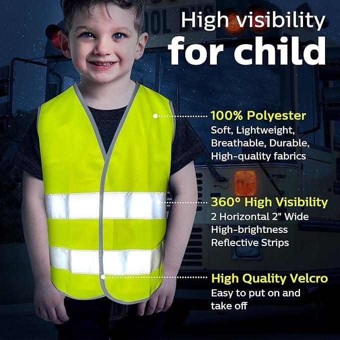 Kids High Visibility Reflective Safety Vest - Neon Yellow Child Safety Vest with Reflective Tape, Ideal for Outdoor Activities, Size Small